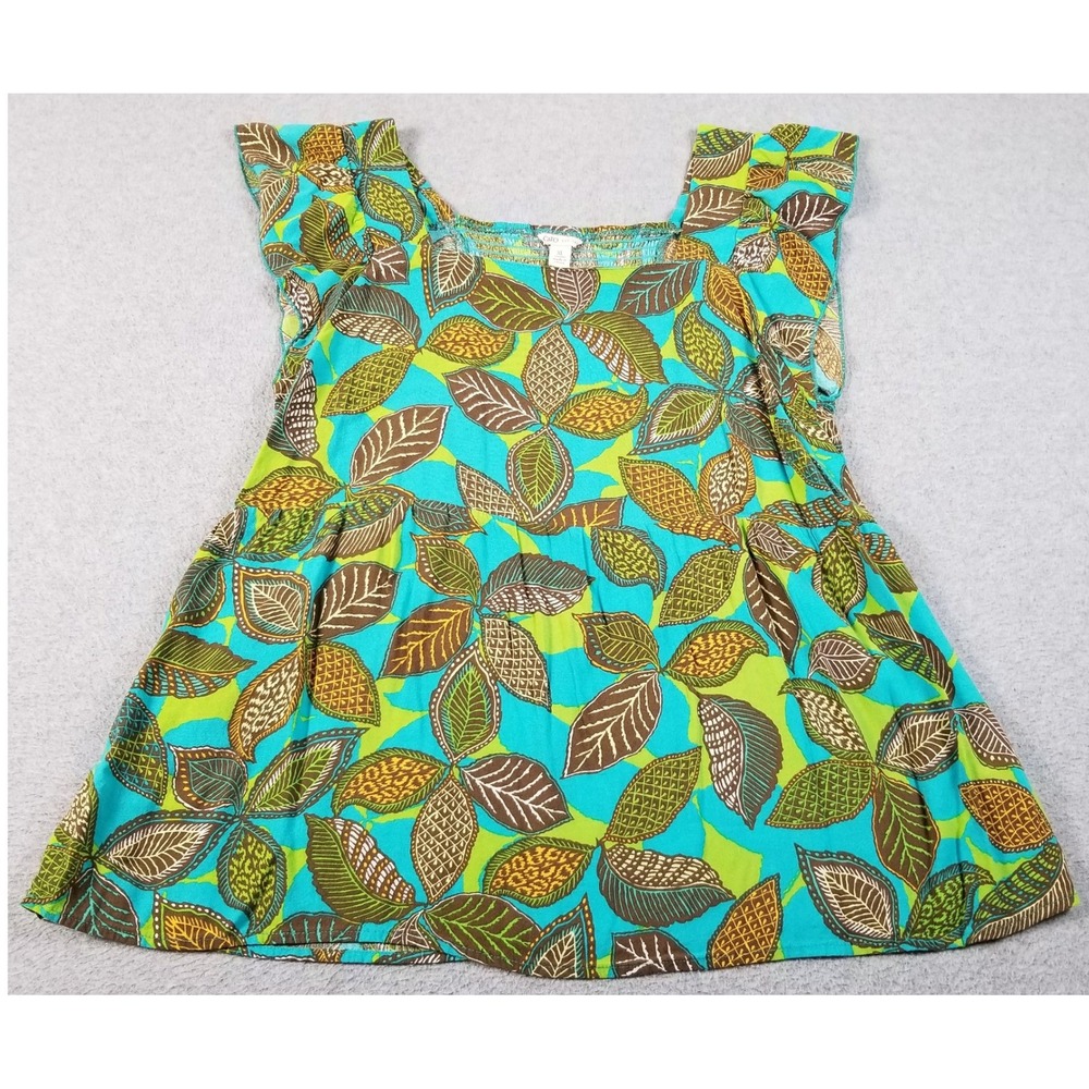 Cato Blouse Women XL Blue Green Brown Leaf Print Smocked Back Flutter Sleeve Top